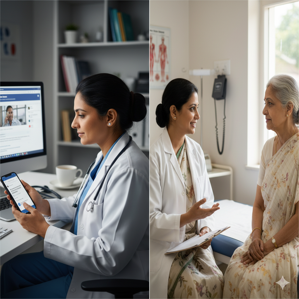 Indian female doctor distracted by a Facebook post on her phone on one side, contrasted with another Indian female doctor engaging and holding the hand of a senior patient on the other.