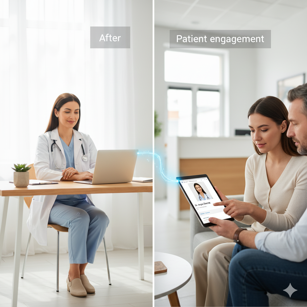 A split-screen image. On the left (labeled 'After'), a doctor calmly works on a laptop. On the right (labeled 'Patient engagement'), a female patient shows a digital doctor's profile on a tablet to a male companion, indicating seamless digital interaction, connected by a glowing blue line.