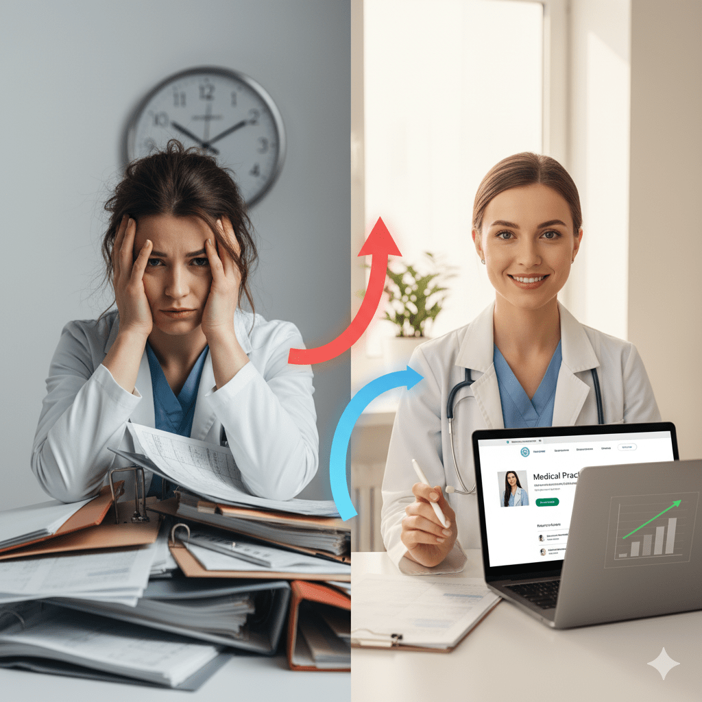 Split-screen image of a doctor stressed with heap of files and a doctor showing her website on a laptop
