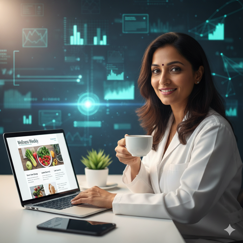 An Indian female doctor with a bindi smiles, relaxed at her desk, showcasing an email newsletter on her laptop, symbolizing the benefits of outsourcing for health professionals.