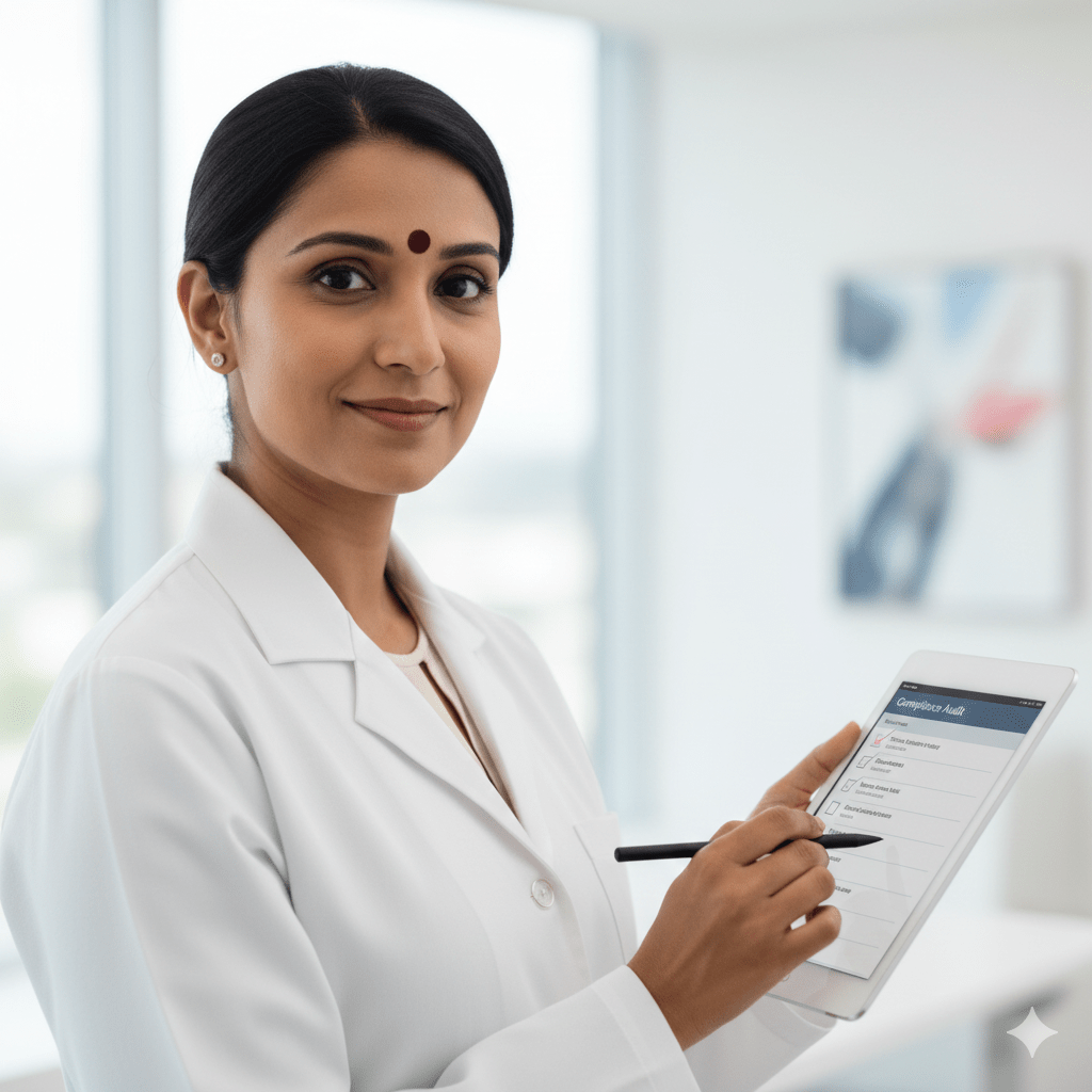 Indian female healthcare consultant performing HIPAA compliance audit on tablet.