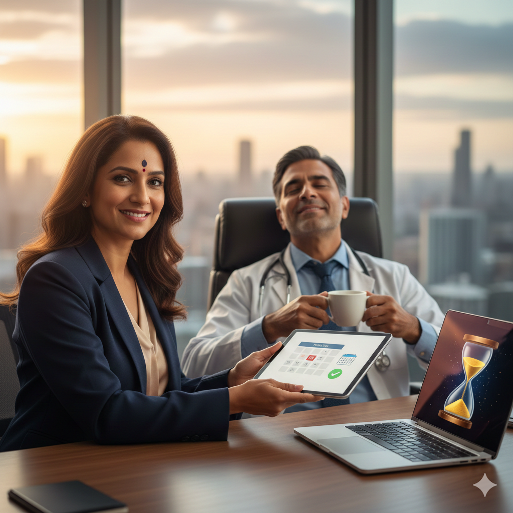 A professional Indian female executive with a medium bindi, presenting a digital practice schedule on a tablet to a relaxed Indian male doctor in a modern high-rise office at sunset